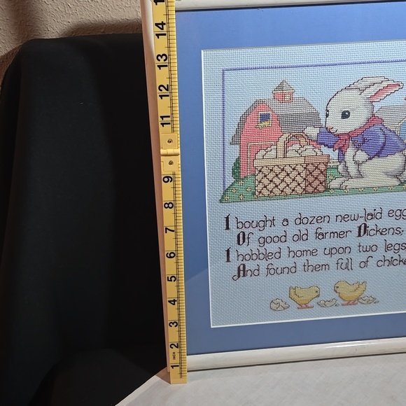 Framed Cross Stitch Bunny with Basket and Chickens - Pastel Blue Mat. 13" × 15" - Picture 5 of 8